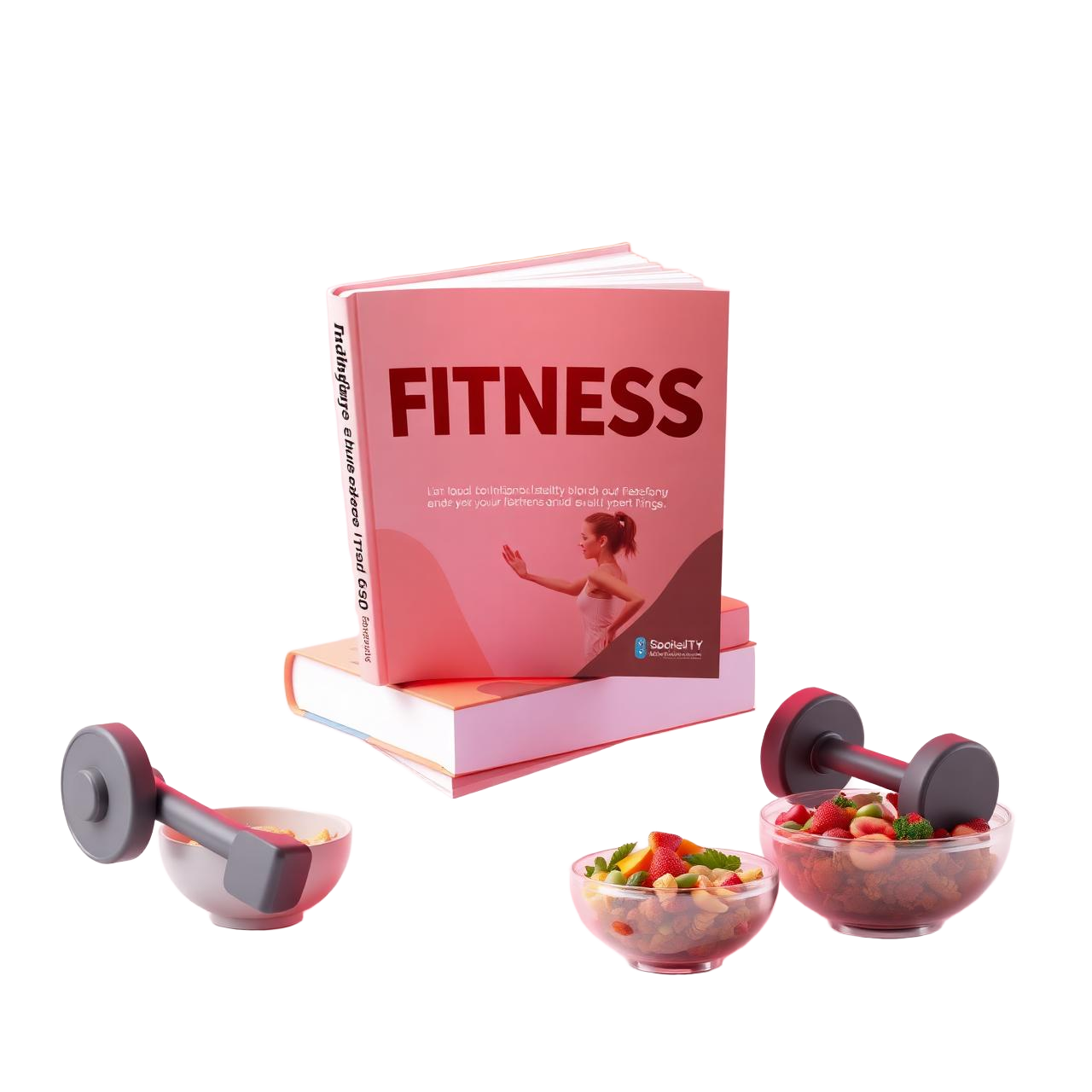 Os 2 ebooks fitness em 3D com halteres e tigela de comida saudável